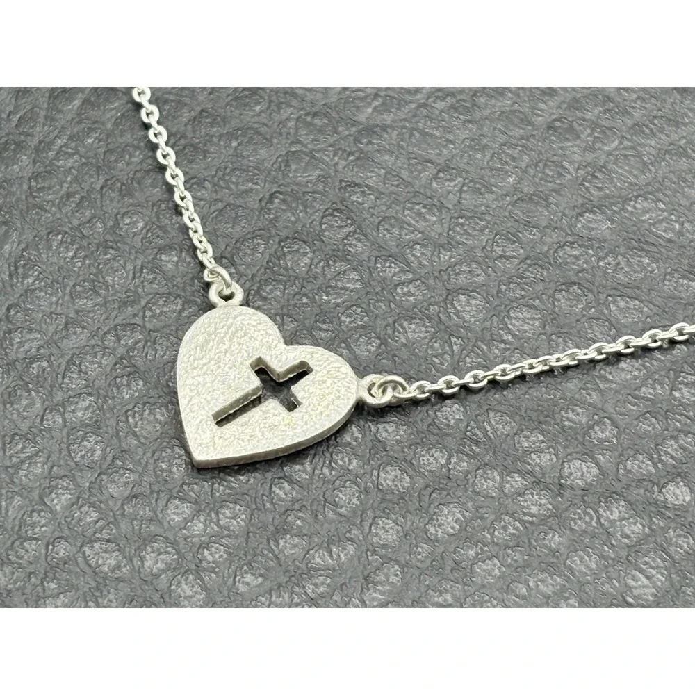 Sterling Silver 925 Heart Cross Pendant Chain Necklace Religious 16